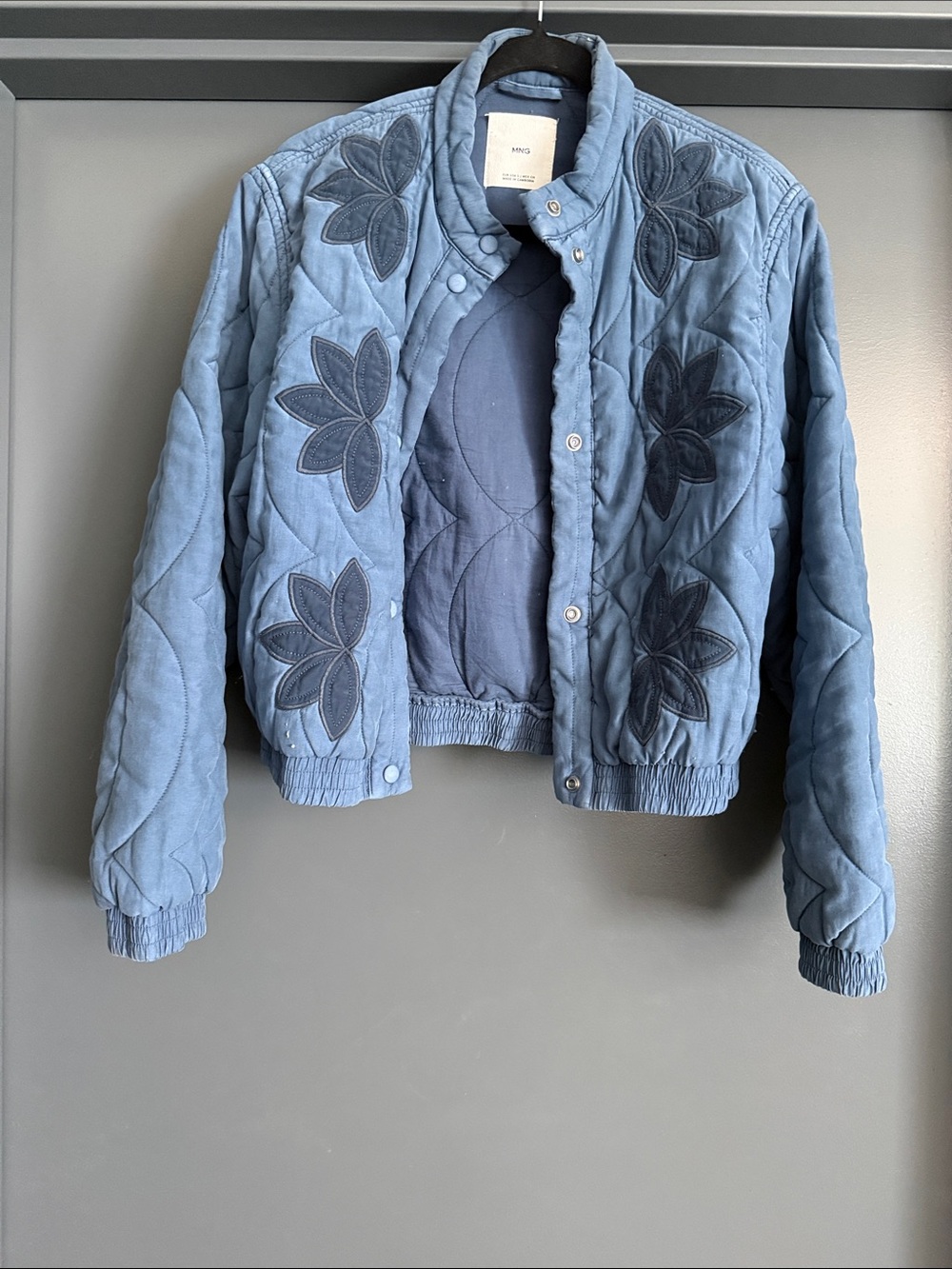 Mango Quilted Blue Floral Appliqué Bomber Jacket